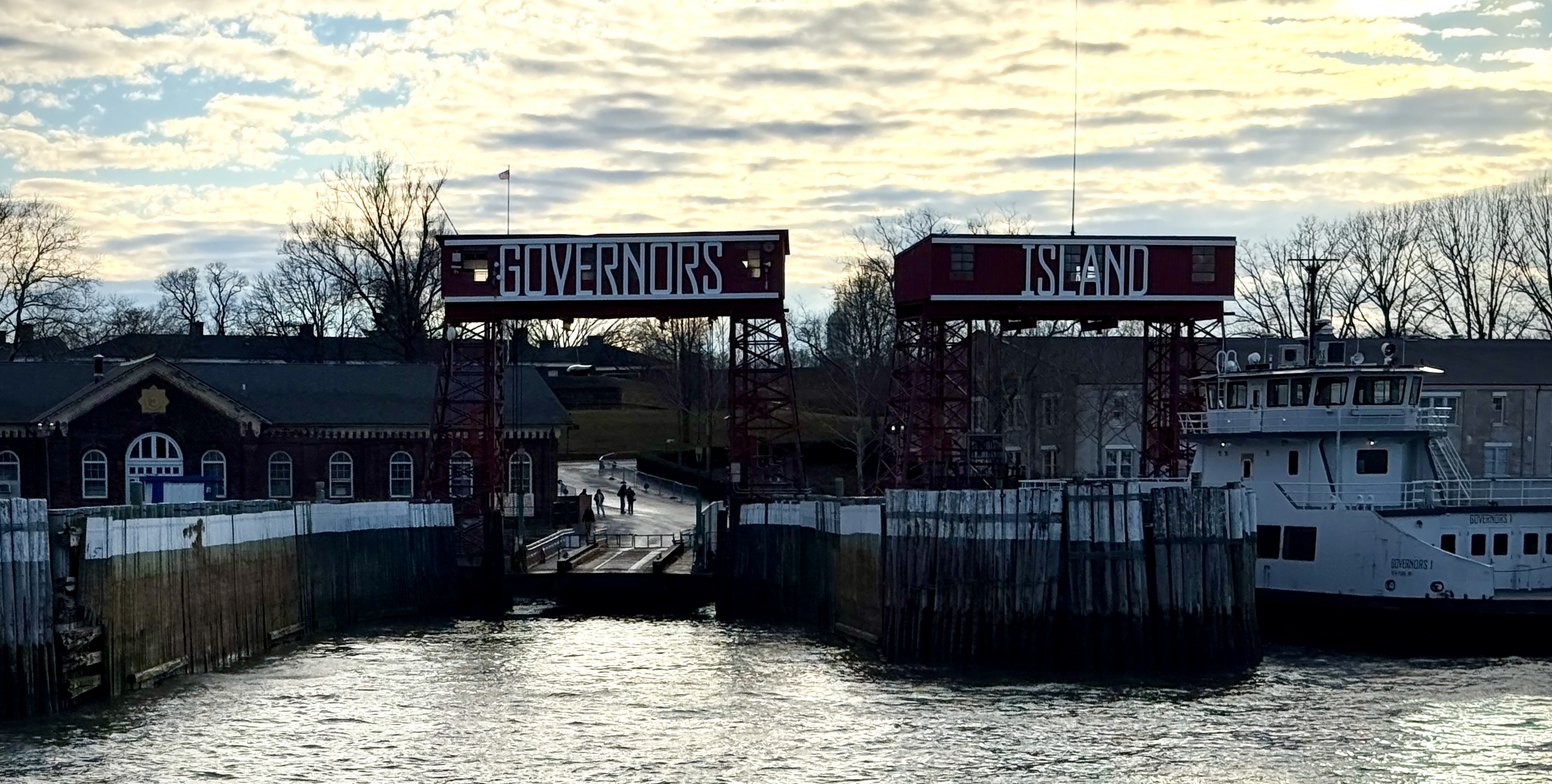 A construction worker on Governors Island in winter